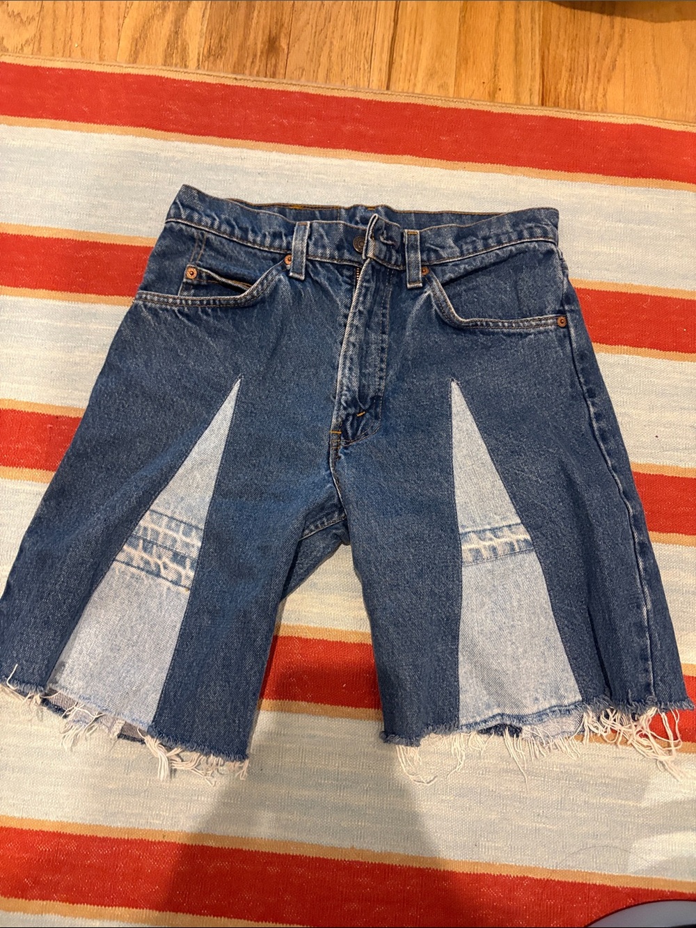 Reworked Vintage Levi's Two-Tone Blue Patchwork Long Denim Shorts